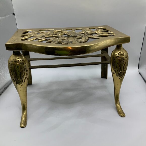 Brass Metal Vintage Gold Finish Footrest Kettle Stand Birds of Paradise - Picture 4 of 10